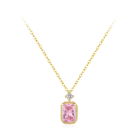 Collier Pendentif Carré en Argent Sterling 925 Zirconia Rose Pour Femme Plaqué Or Vintage Taille Émeraude Collier