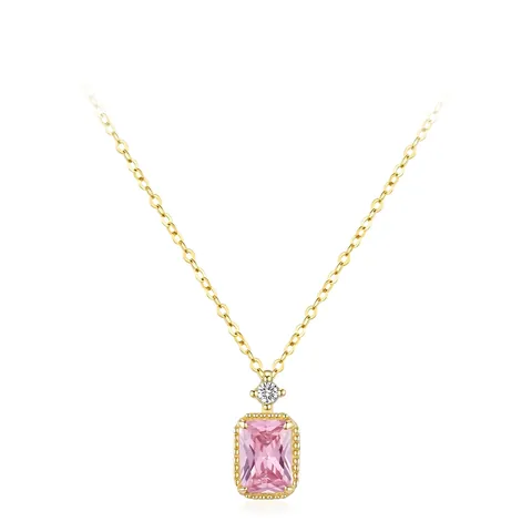 Collier Pendentif Carré en Argent Sterling 925 Zirconia Rose Pour Femme Plaqué Or Vintage Taille Émeraude Collier