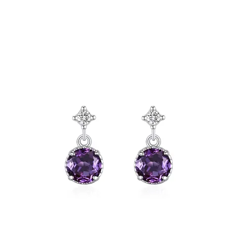 925 Sterling Silver Purple Zirconia Stud Earrings For Women Vintage Minimalist Round Amethyst Color Gemstone Jewelry Gift