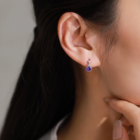 925 Sterling Silver Purple Zirconia Stud Earrings For Women Vintage Minimalist Round Amethyst Color Gemstone Jewelry Gift