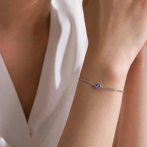 Bracciale in Argento Sterling 925 Viola Tondo in Zirconia per Donna Minimalista Moda Catena a Doppio Strato Elegante Regalo Gioielli