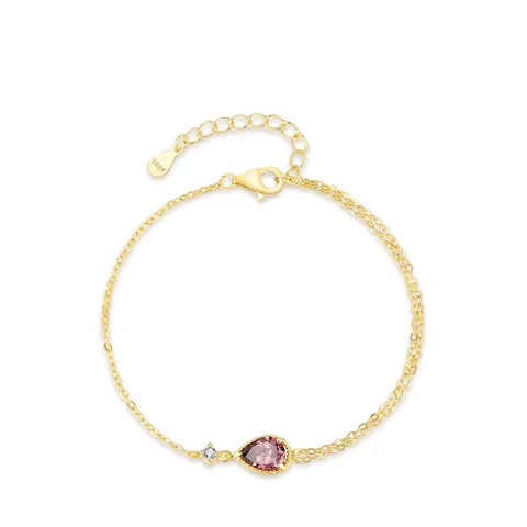 Bracciale in Argento Sterling S925 per Donna Placcato Oro Viola Fumè Forma di Pera Zirconia Goccia Doppia Catena Gioielli Regalo