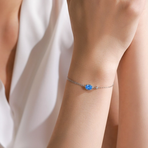 Braccialetto a Doppia Catena in Argento Sterling 925 Con Zirconia Ovale Blu Mare Minimalista Regolabile Gioielli Donna