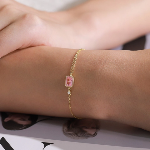 S925 Sterlingsilber Rosa Rechteckig Zirkonia Armband Für Damen Vergoldet Verstellbare Doppelkette Geometrischer Modeschmuck