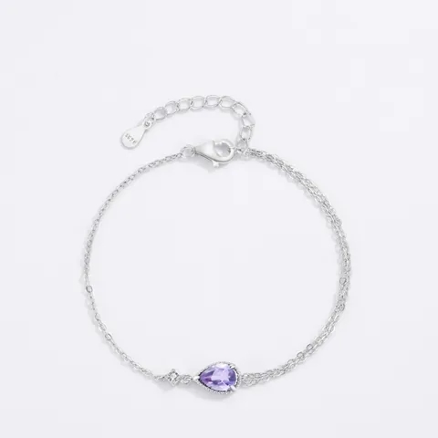 925 Sterling Silver Purple Pear Zirconia Double Layer Bracelet For Women Minimalist Water Drop Charm Jewelry Gift