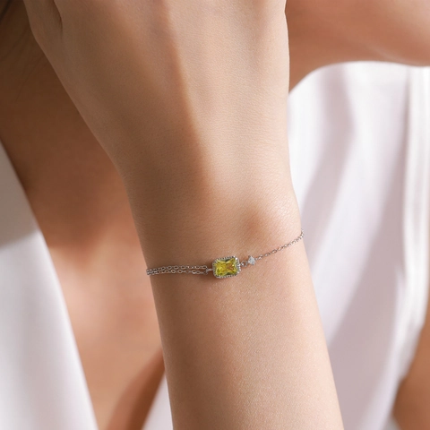 Squisito Bracciale a Doppio Strato in Argento Sterling 925 per Donna Elegante Zirconia Gialla Rettangolare Intarsiata Gioielli Regalo