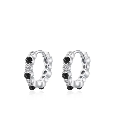 925 Sterling Silver Black White Zirconia Hoop Earrings For Women Punk Niche Design Cool Geometric Round Ear Jewelry Earrings