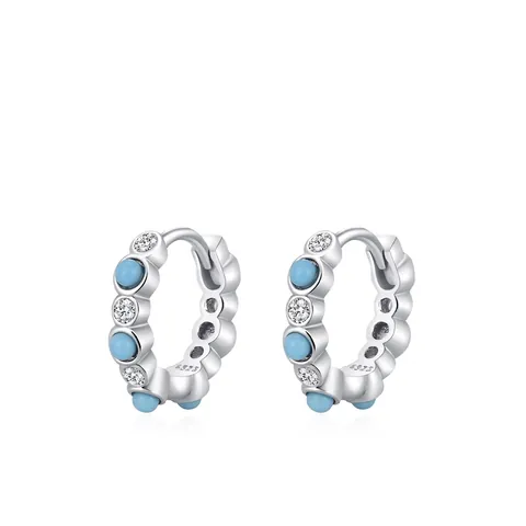 Elegant 925 Sterling Silver Turquoise Hoop Earrings For Women Vintage Geometric Rhinestone Inlaid Small Huggie Earrings Jewelry Gift