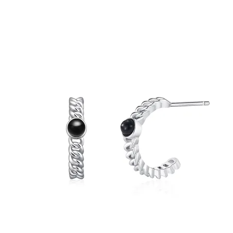 Vintage Roman Style 925 Sterling Silver Woven Texture Stud Earrings For Women Personality Black Zirconia Inlaid C-Shaped Ear Jewelry