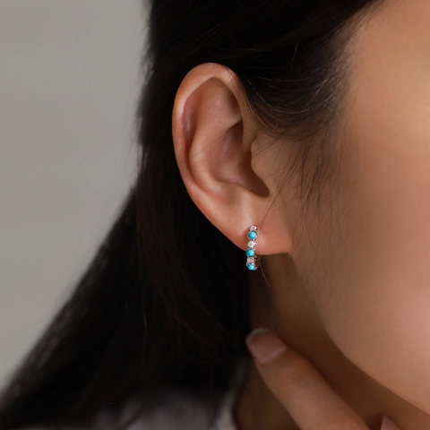 Elegant 925 Sterling Silver Turquoise Hoop Earrings For Women Vintage Geometric Rhinestone Inlaid Small Huggie Earrings Jewelry Gift