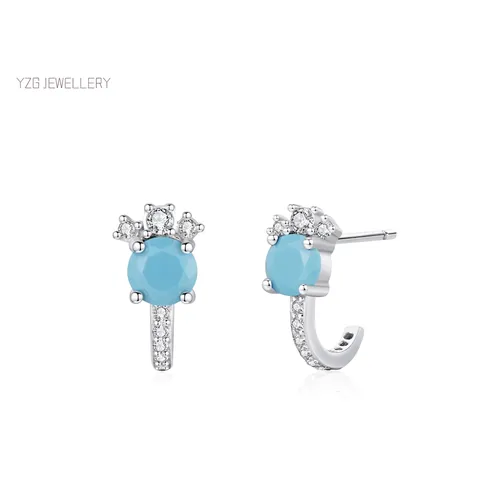 Orecchini a Bottone in Argento Sterling 925 con Turchese per Donna Retro Minimalista Geometrico a Forma di J con Strass