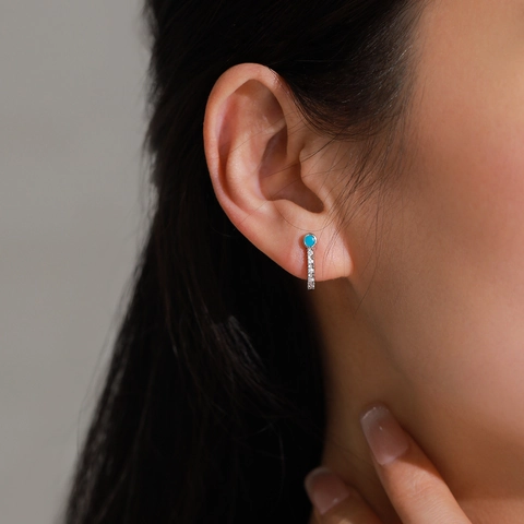 Orecchini a Bottone a Cerchio a J in Argento Sterling 925 Con Turchese Artificiale e Zirconia Verde Smeraldo Gioielli Donna