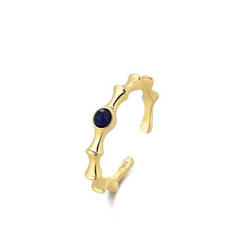Luxury 925 Sterling Silver Bamboo Joint Open Ring For Women Lapis Lazuli Inlaid Gold Adjustable Fashion Jewelry Hand Ornament