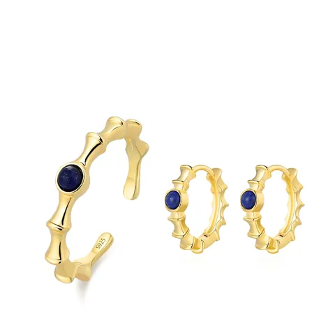 Set di Gioielli in Argento Sterling 925 Lapislazzuli Bambù Vintage Placcato Oro Anello Aperto Orecchini Set da Donna