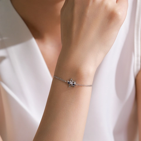 Bracciale Stella a Doppio Strato in Argento Sterling 925 Con Zirconia per Donna Elegante Gioielli in Pietra Blu Argento