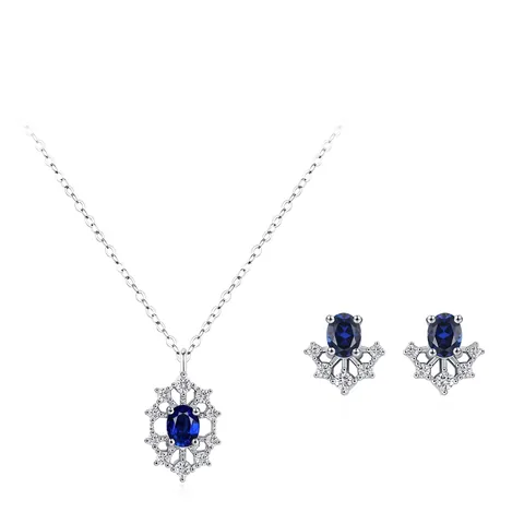 Parure de Bijoux Tournesol en Argent Sterling S925 Avec Zirconia Bleu Pendentif Ovale Collier et Boucles d'Oreilles Clous pour Femme Accessoires Mode Vintage