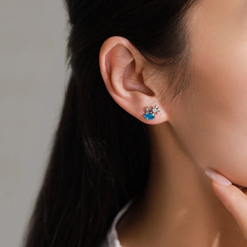 Orecchini a Bottone Radianti in Argento Sterling 925 a Forma di Sole e Stella per Donna con Zirconia Blu Mare Intarsiata Gioielli alla Moda