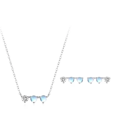 925 Sterling Silver Moonstone Rhinestone Jewelry Set For Women Elegant Necklace And Stud Earrings Minimalist Gemstone Accessories