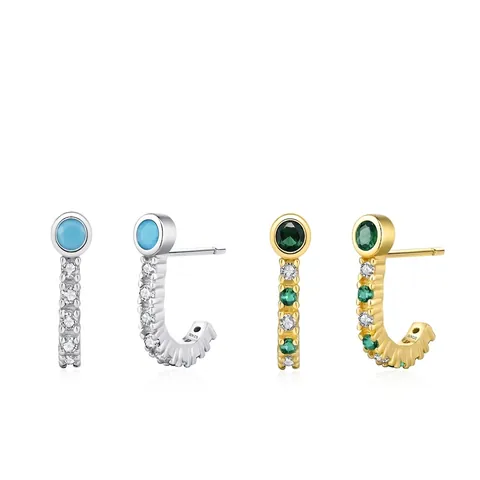 Orecchini a Bottone a Cerchio a J in Argento Sterling 925 Con Turchese Artificiale e Zirconia Verde Smeraldo Gioielli Donna