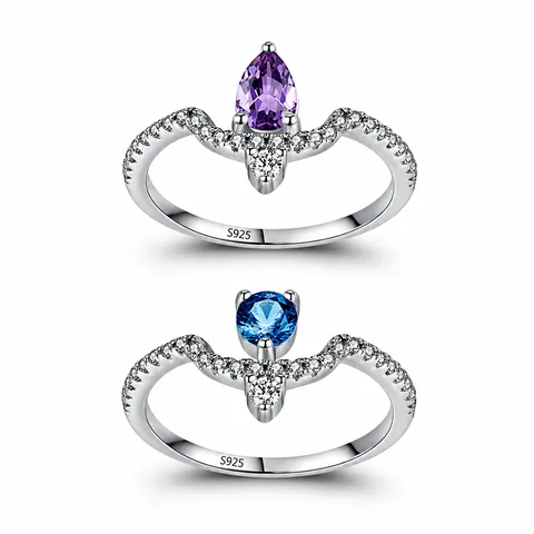 Anello in Argento Sterling 925 con Zirconia per Donna Pietra Viola Pera Blu Tonda Onda a V Anello da Dito Gioielli di Moda