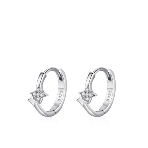 Boucles d'oreilles créoles étoile à quatre branches en argent sterling S925 pour femmes Minimaliste Zirconia Star Huggie Bijoux mode