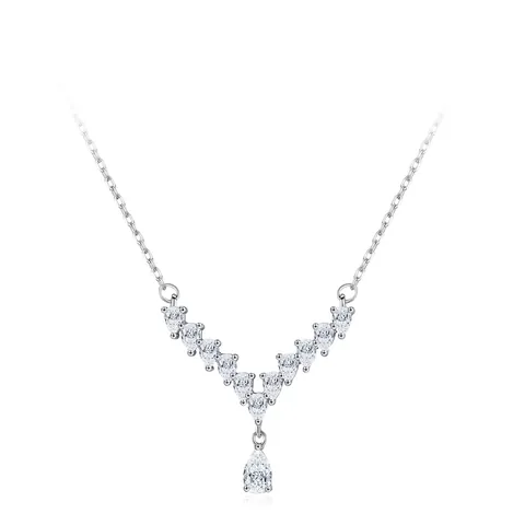 Elegant S925 Sterling Silver V-Shaped Water Drop Pendant Necklace For Women Shining Zirconia Clavicle Chain Jewelry Gift