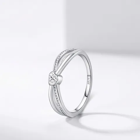 925 Sterling Silver Heart Intertwined Ring For Women Minimalist Inlaid Zirconia Cross Band Adjustable Finger Ring Jewelry