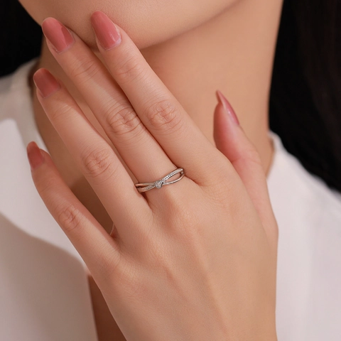 925 Sterling Silver Heart Intertwined Ring For Women Minimalist Inlaid Zirconia Cross Band Adjustable Finger Ring Jewelry