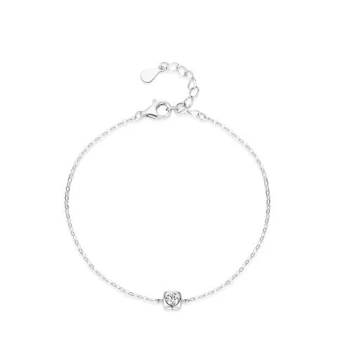 Bracciale in Argento Sterling 925 Quadrato Geometrico per Donna Design Minimalista con Intarsio in Zirconia Catena Sottile Regolabile