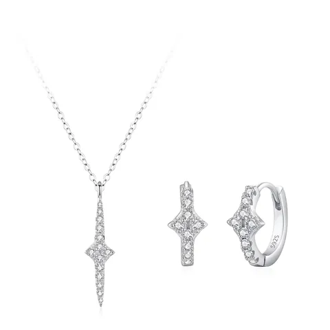 Set di Gioielli in Argento Sterling 925 con Stella a Quattro Punte Zirconia Intarsiata Collana Orecchini Donna Elegante Moda Gioielli