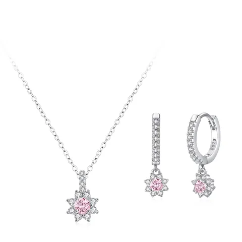 Elegant 925 Sterlingsilber Rosa Sonnenblume Schmuckset Damen Zirkonia Eingelegt Blumen Anhänger Halskette Ohrringe Schmuck