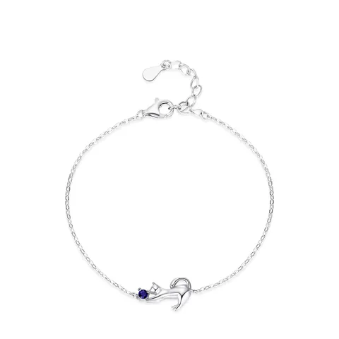 Bracciale in Argento Sterling S925 per Donna con Gatto e Zirconia Blu Ciondolo Animale Catena Design di Nicchia Gioielli