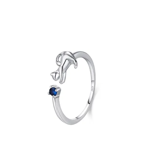 925 Sterling Silver Open Ring Playful Cat Design With Sparkling Blue Zirconia Adjustable Animal Ring For Women Jewelry Gift
