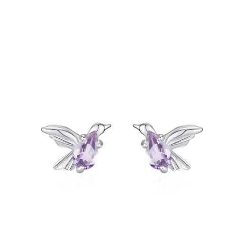 Luxe 925 Sterling Zilveren Kolibrie Oorknopjes Paarse Zirconia Ingelegd Vintage Vogel Dier Sieraden Voor Vrouwen Cadeau