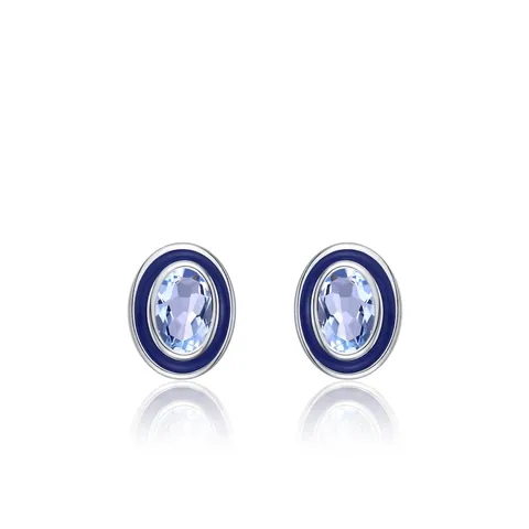 Orecchini a Bottone in Argento Sterling 925 Lusso Leggero Francese Ovale Zirconia Blu Mare Smalto Blu Gioielli Donna