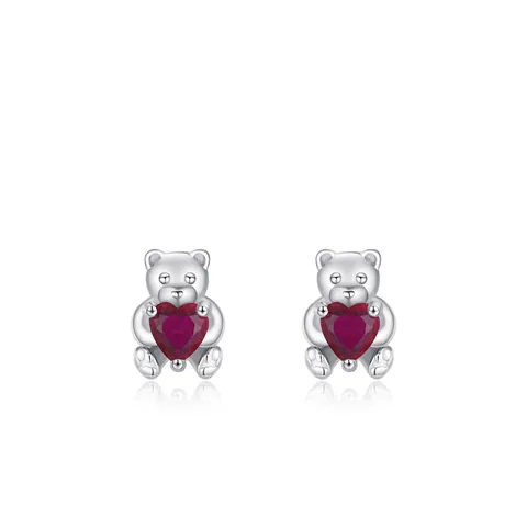 Orecchini a Bottone in Argento Sterling 925 a Forma di Orsetto con Cuore Rosso per Donna Gioielli con Zirconia Animale Regalo