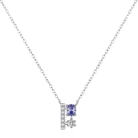 925 Sterling Silver Geometric Pendant Necklace For Women Elegant Blue Purple Zirconia Inlaid Clavicle Chain Jewelry Gift