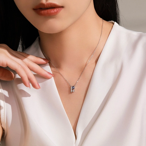 925 Sterling Silver Geometric Pendant Necklace For Women Elegant Blue Purple Zirconia Inlaid Clavicle Chain Jewelry Gift