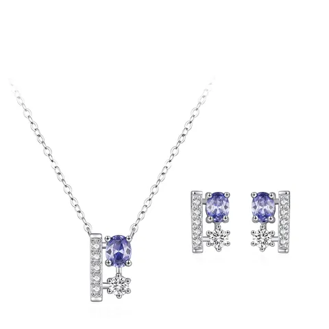 925 Sterling Silver Blue Purple Zirconia Jewelry Set Minimalist Geometric Long Pendant Necklace And Stud Earrings For Women
