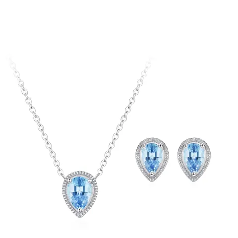 925 Sterling Silver Water Drop Blue Zirconia Jewelry Set For Women Mermaid Tears Pendant Necklace Stud Earrings Elegant