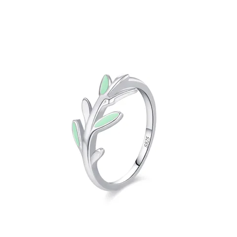925 Sterling Silver Enamel Branch Leaf Ring For Women Green Drip Glue Plant Jewelry Temperament Fresh Style Finger Ring Gift