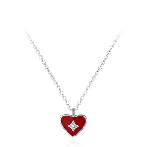 Collar Con Colgante de Corazón de Esmalte Rojo Retro Francés de Plata de Ley 925 Para Mujer Con Estrella Incrustada de Diamantes de Imitación Joyería de Cadena de Clavícula Romántica