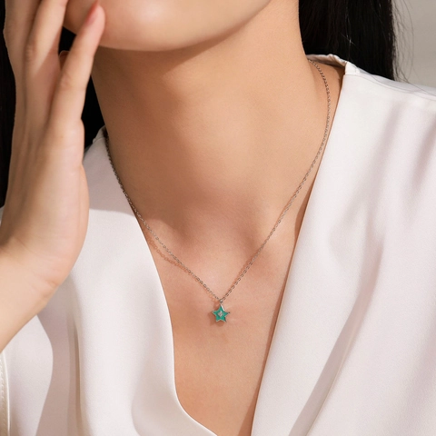 Collar con Colgante de Estrella de Plata de Ley 925 para Mujer Esmalte Azul Verde Estrella de la Suerte Strass Cadena Joyería Moda