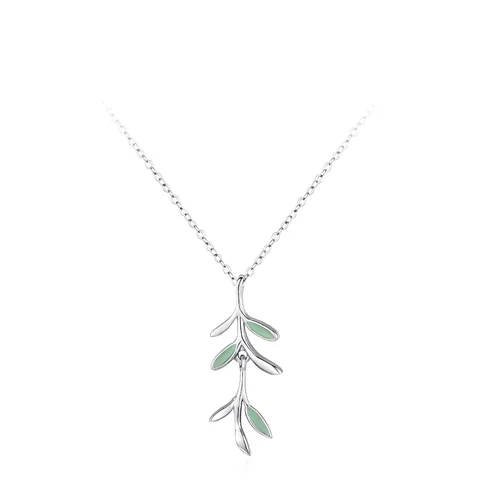 Collana con Ciondolo a Foglia Verde in Argento Sterling 925 per Donna Catena a Clavicola con Ramo di Piante in Smalto Gioielli
