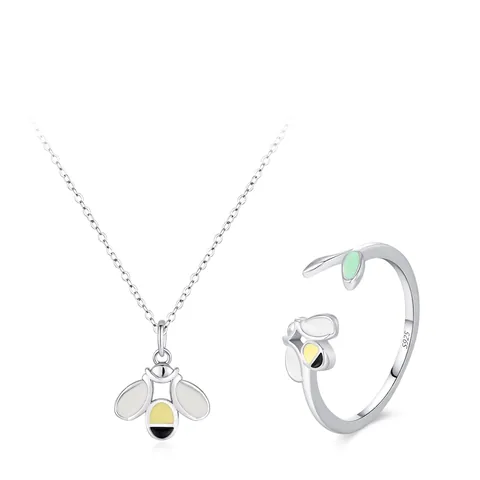 925 Sterlingsilber Süße Honigbiene Emailliertes Schmuckensemble Mit Zarter Halskette Und Verstellbarem Offenem Ring Für Damen