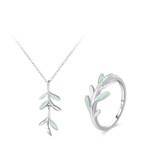 925 Sterling Silver Forest Leaf Necklace And Ring Jewelry Set Small Fresh Green Enamel Sprout Branch Jewelry For Women