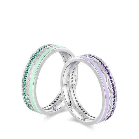 Anello in Argento Sterling 925 Smaltato per Donna Squisito Design Traforato Con Intarsio di Strass Anello Verde Viola Gioielli Moda Regalo