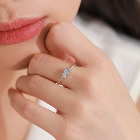 S925 Sterling Silver Light Blue Square Zirconia Ring Elegant Geometric Finger Ring For Women Delicate Jewelry Gift