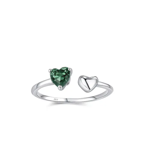 Anillo Abierto de Plata de Ley 925 Circonia Corazón Verde Lujo Elegante Anillo de Doble Corazón Ajustable para Mujer Joyería de Moda Regalo