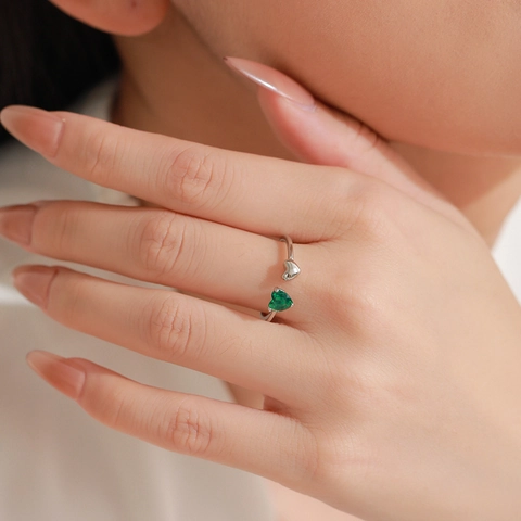 Anillo Abierto de Plata de Ley 925 Circonia Corazón Verde Lujo Elegante Anillo de Doble Corazón Ajustable para Mujer Joyería de Moda Regalo